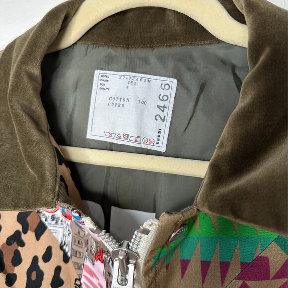 Sacai Tan Animal Mixed Print Patchwork Cotton Velvet Collar Zip Jacket 4 / XL - Picture 7 of 16